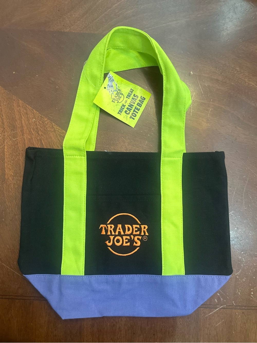 🍁Trader Joe’s Neon Green & Black Mini Tote Bag with Purple Base